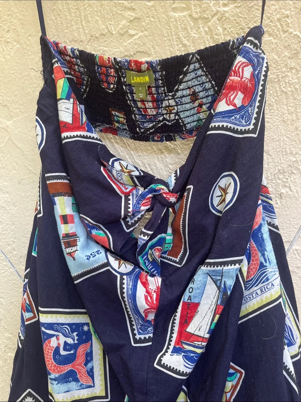 Anthropologie Navy Multicolor Travel-Stamp Wide-Leg Jumpsuit